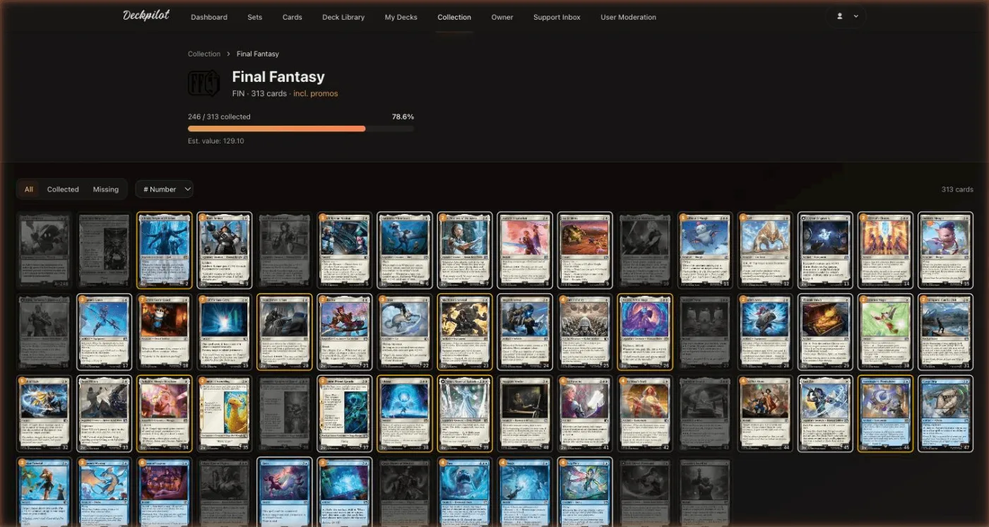 Deckpilot detailweergave van de Final Fantasy-set, 246 van 313 kaarten verzameld